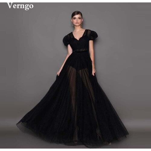 Verngo 2021 Black Dotted Tulle A Line Evening Dresses Short Sleeves V Neck Prom Gowns Long Modest Women Formal Party Dress