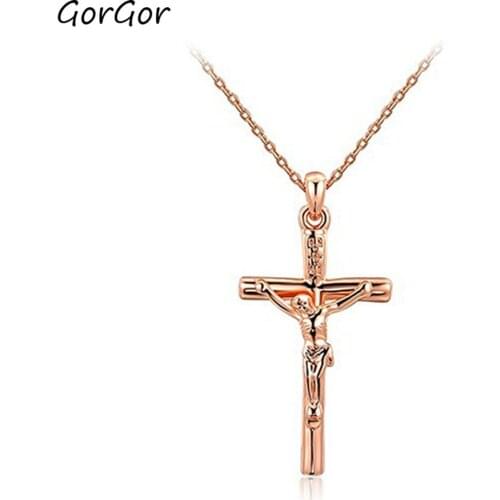 GorGor Necklace Women Alloy Materil Pattern Cross Jesus Pendant Rose Gold Plated Vintage Individuality Party Jewelry 2030431310B