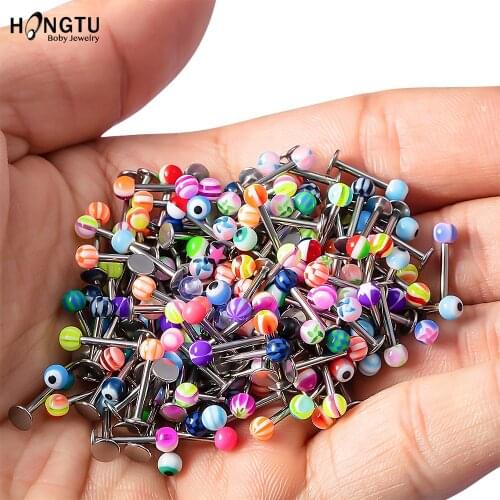 HONGTU 50PCS Mixed Color Acrylic Ball Labret Lip Rings Piercing Steel Ear Tragus Cartilage Piercings Body Jewelry Fast Shipping