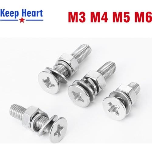 M3M4M5M6 Stainless Steel 304 Round Head Cross Screw Nut Gasket Set Complete Spring Pad Combination