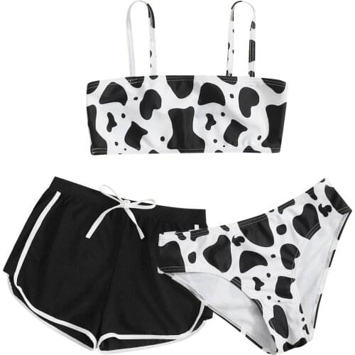 Girls' Summer Cute Criss Cross Back Cowl Floral Print Three-piece Swimsuit Bikini Set Beach Swimming Suit Купальник Для Девочки