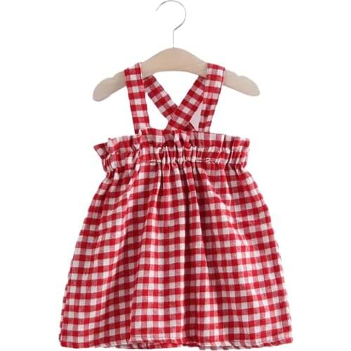Summer Cheap Fashion Plaid Girls Dress Summer Princess Sling Cute Beach Dress Kids Girls Clothes Sleeveless Kids Dress
