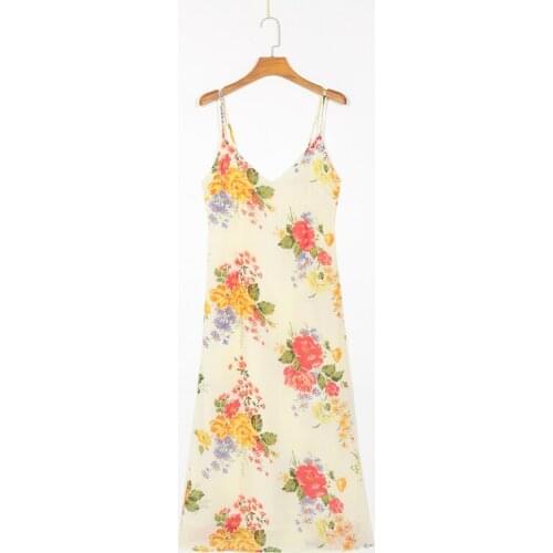 Summer womens casual flower print slim-fit suspender dress