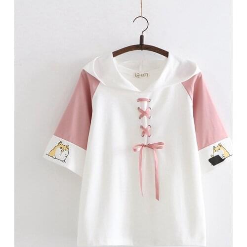 Japanese Mori Girl Summer Kawaii T-shirt Women Casual Cute Cat Graphic Tees Teens Girls Sweet Lolita Lace Up Pink T Shirt Tops