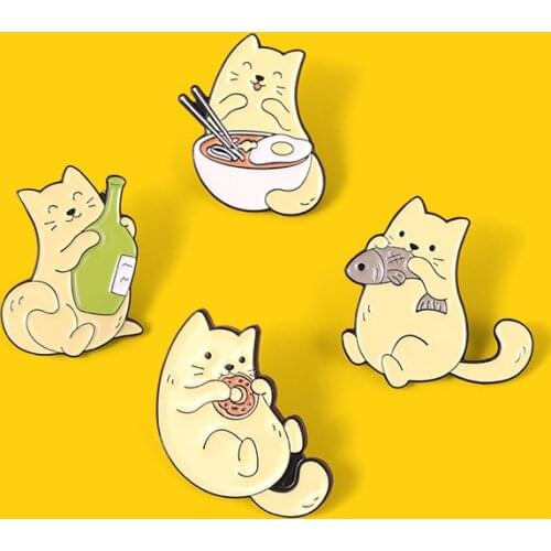 Cute Kitties Enamel Pins Yellow Cat Eat Fish Noddle Drink Custom Brooches Accessories Backpack Badge Gift for Cat Lover