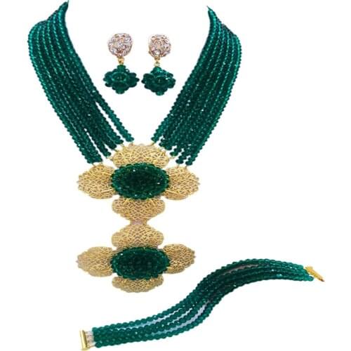 Fashion Teal Green Army Multi Strands Statement Necklace Nigerian Wedding African Beads Jewelry Set Crystal 5-LDH02