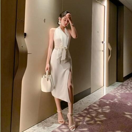 Fashion women backless elegant sexy white off shoulder dress new arrival backless trend vintage summer beach asymmetrical dress