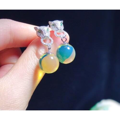 Joias feminina bizuteria srebrna 925 boucle d’oreille femme Mexican gold blue amber leopard head earrings Really natural