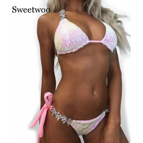 2019 New Ornaments Swimwear Women Sequins Diamond Bikini set Bathing Suit Sexy Push up Stones Straps Swimsuit Monokini