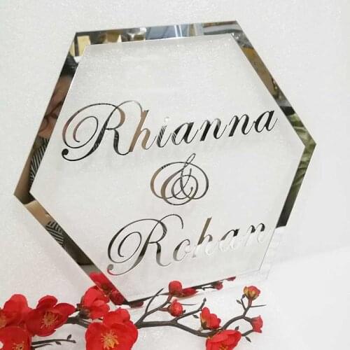Custom Hexagon Wedding Sign Personalized Acrylic Mirror Gold Silver Wedding Couple Name Sign Groom Bride Gifts Party Decors