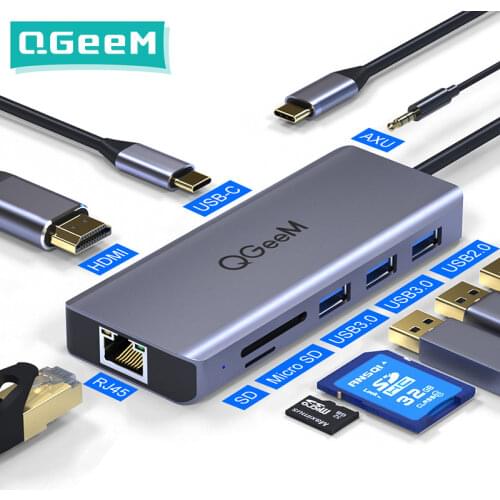 QGeeM USB C Hub for Macbook Pro Air HDMI VGA Micro SD Card Readers RJ45 Aux PD OTG Multi USB Hub Type C 3.0 Adapter for Notebook