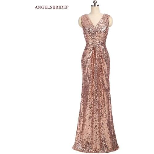 Rose Gold Sparkly Sequined Long Evening Gowns Party Gowns Formal V-Neck Floor-Length Abendkleider Prom Dress HOT