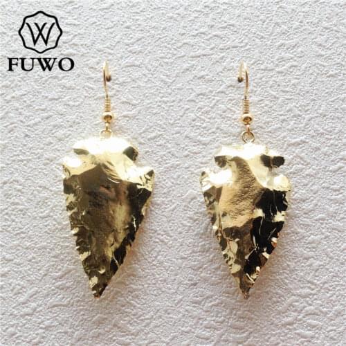 FUWO Carved Stone Arrowhead Earrings With 24K Gold Dipped Minimalist Design Raw Onyx Stone Indiana Style Earrings Jewelry ER037