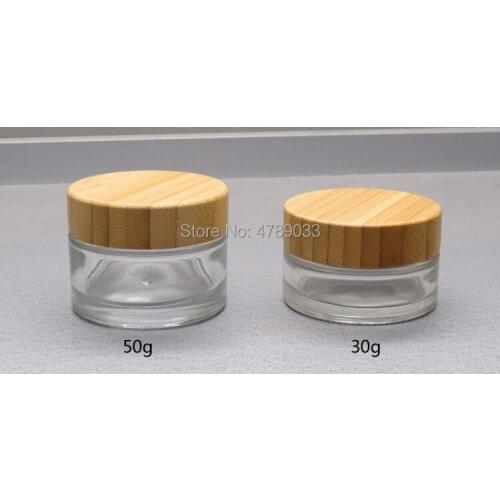 10pcs 30g 50g Glass Cosmetic Containers Clear Jar with Bamboo Cap for Cream Empty Container with Lids