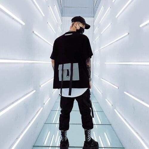 3M Reflective Techwear Buckle Multi-Pockets Ribbon TShirts Men Hip Hop Streetwear Tops Tees Harajuku Short Sleeve Patch T-Shirts