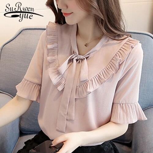 Women tops and blouses 2019 chiffon blouse ladies tops beautiful shirt blouse harajuku Bow Solid O-Neck Butterfly Sleeve 3046 50