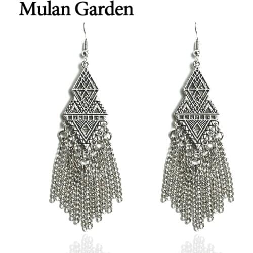 Metal Tassel Vintage Earrings Women Silver Color Pendant Drop Earring Vintage Jewelry Bohemian Ethnic Women Accessories Gifts