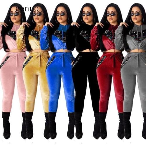 Women Sequin Patchwork Velvet Tracksuit Two Piece Set Winter Drawstring Crop Top Sport Harem Pant Fashion Matching Tracksuit New