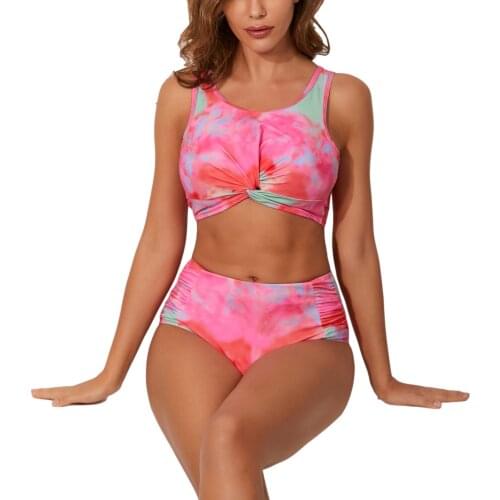 2021 New Womens Sexy Crop Top Sleeveless Bikini Sets Fashion Tie Dye Color High Waist Ruched Knot Swimsuits Summer Beachwear