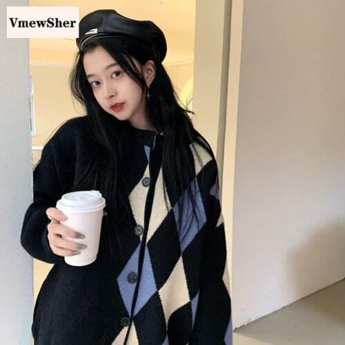 VmewSher New Chic Irregular Argyle Women Loose V-neck Knitted Cardigan Sweater Stylelish Single-breasted Outerwear Plaid Tops