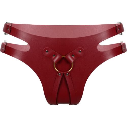 Women Underwear Sexy Side Hollow Out Latex Panties Punk Adjustable Buckles Booty Panty Wetlook PU Leather Rivets Briefs Lingerie