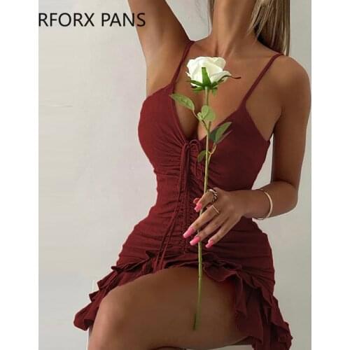 Women Solid Cami Lace-up Sleeveless Ruffle Hem Party Sexy Dress