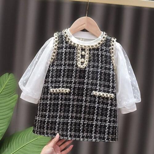 Spring Autumn Baby Clothes Set New Fashion Baby Girls Princess Dress Newborn Puff Sleeve T-shirt + Sleeveless Plaid Dress 2Pcs