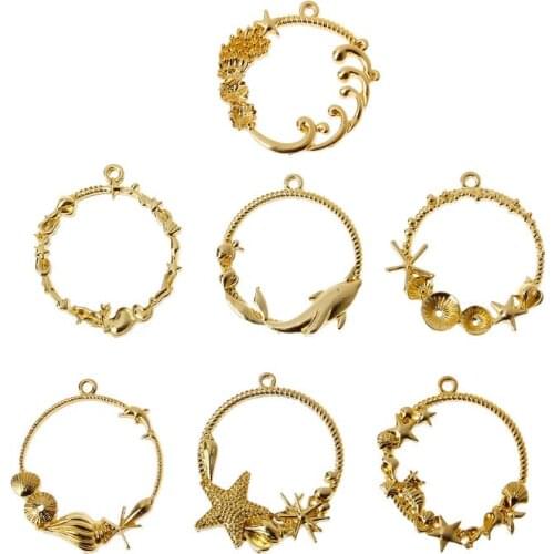 7Pcs Seashell Round Blank Pendant Resin Frame Open Bezels Setting Jewelry Making