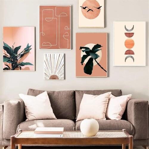 Abstract Face Sun Moon Canvas Wall Painting Birds Plant Leaf Orange Posters And Print Boho Wall Art Pictures Living Room Decor