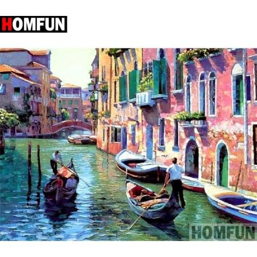 HOMFUN Full Square/Round Drill 5D DIY Diamond Painting "House boat view" 3D Embroidery Cross Stitch 5D Home Decor Gift A17391