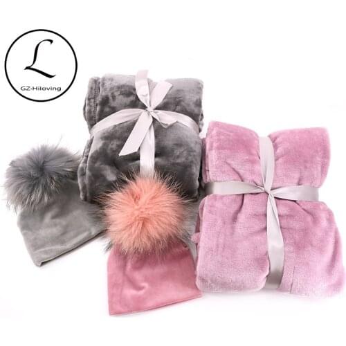 Newborn Baby Velvet Swaddle Blanket Set With Baby Real Fur Pompom Hat 0-3 months Baby Girls Boys sleep Bedding Set Baby product