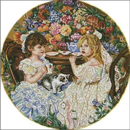 Free delivery Top Quality popular counted cross stitch kit Afternoon Tea sisters and cat kitty two girls drink tea