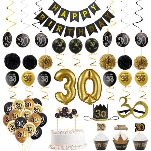 Black Gold 30th Birthday Theme Balloon Banner Sash Cupcake Topper Crown Headband Photo Booth Props Adult Birthday Party Supplies