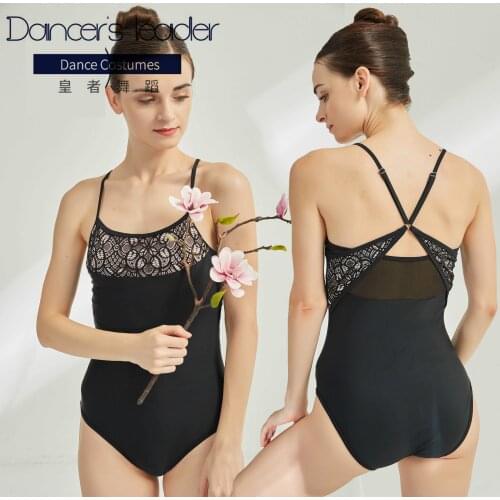 Women Ballet Dance Leotards Sexy Lace Sling Bodysuit Ballet Skirt Adult Sleeveless Ballet Dancewear Black Gymnastics Leotards