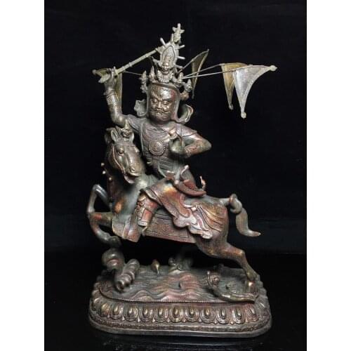 Home Decor 16" Tibet Buddhism Temple Old Bronze Cinnabars Statue of King Gesar Back Pennant Tibetan hero Amitabha Enshrine