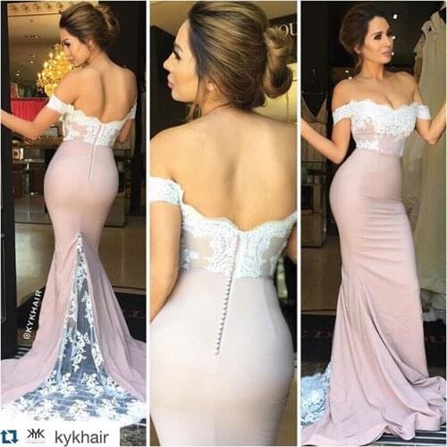 Hot Sale Elegant Pink White Lace Top Off The Shoulder Mermaid Bridesmaid Dresses Long Under 100 2021