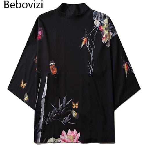 Bebovizi Chinese Style Print Kimono Casual Women Cardigan Yukata Japanese Harajuku Streetwear Male Black Tradition Asian Clothes