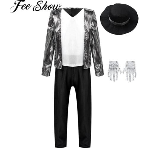4Pcs Kids Boys Halloween Costume Singer Super Star Cosplay Outfit Long Sleeve Cardigan Top Glitter Pants with Hat and Gloves Set