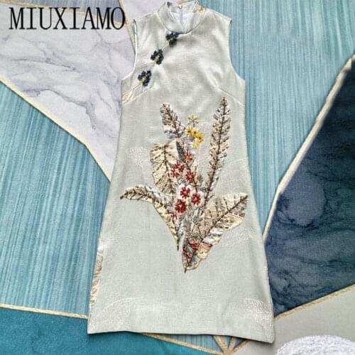MIUXIMAO Luxurious 2020 Fall dress Party dress Flower Leaf Diamonds Above Knee Tank Office Lady Casual Dress Women Vestidos
