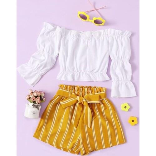 Fashion 2021 Summer Girls Clothing Set Long Sleeve Off Shoulder Tops and Stripe Shorts Two-piece Suit for Kids Birthday Party
