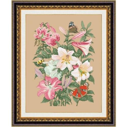 Lilies and butterfly cross stitch kits flowers pattern design 18ct 14ct 11ct flaxen linen canvas embroidery DIY needlework