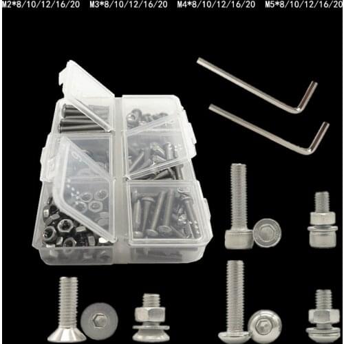 M2 M3 M4 M5 Hex Socket Screw Set 304 Stainless Steel Flat Round Cap Head Screws Bolts and Nuts Assortment Kit with Storage Box
