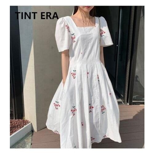 TINT ERA Summer Korean Style Heavy Embroidery Lapel Mid-length White Short-sleeved Long Maxi Dress Elegant Women Vintage Clothes