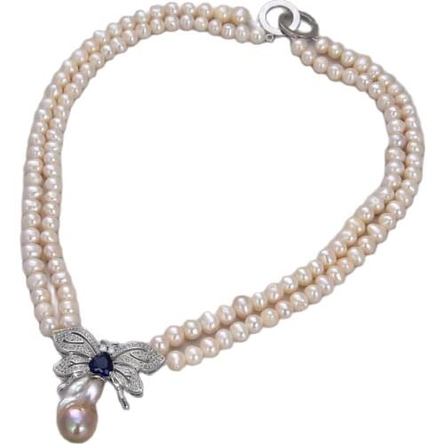 GG Jewelry 20'' 2 Rows White Pearl Necklace Butterfly CZ Keshi Pearl Pendant