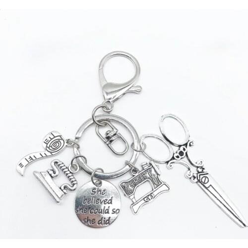 Popular Creative Tailor Sewing Machine Tape Measure Scissors Keychain Inspirational Keychain Clothing Designer Tailor Gift