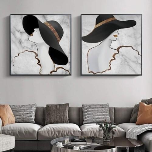 Gray Gold Line Woman Posters and Prints Abstract Woman with Hat Canvas Paintings Minimalist Art Bedroom Home Wall Decor Pictures
