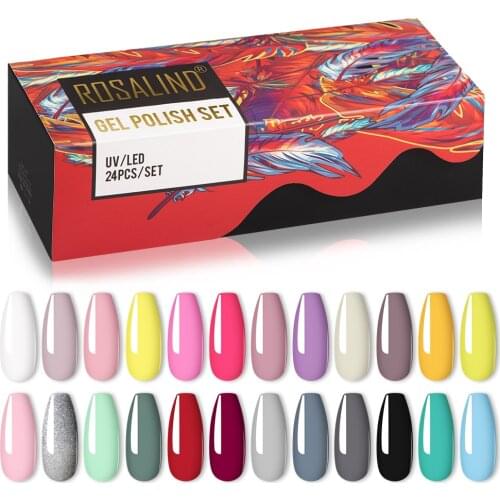 ROSALIND 24PCS Gel Nail Polish Set For Manicure UV Soak Off Colorful Gel Varnishes Professional Nail Art Kits Base And Top