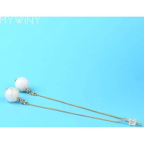 MYWINY New fashion jewelry long copper chains stud earrings ,handmade Aventurine Lotus engraved earrings