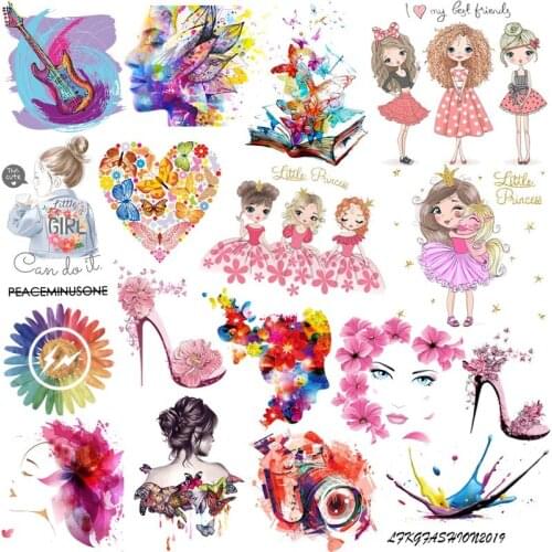 Pulaqi Iron On Transfer Princess Patches For Clothing Fashion Girl Stripes Thermal Stickers On Clothes Butterfly Flower Applique