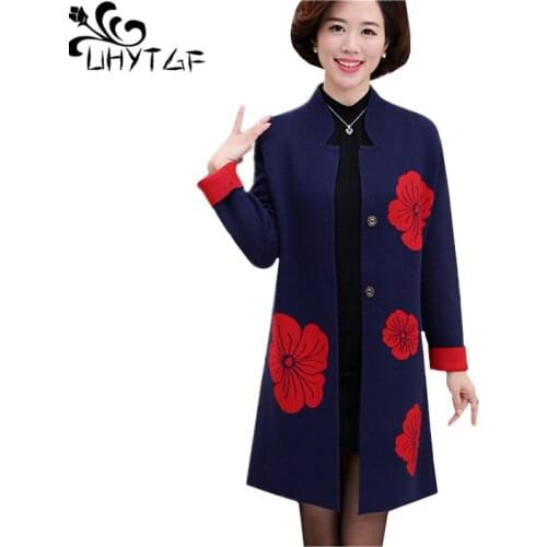 UHYTGF Knitted Cardigan Women Spring Autumn Sweater Coat Quality Wool Casual Female Jacket Elegant Mother Cashmere Outerwear1819